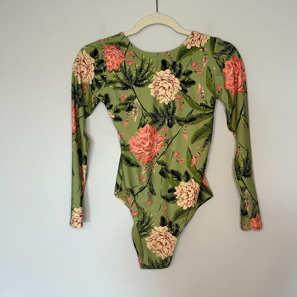 Target Olive Green Floral Long-Sleeve One-Piece Swimsuit